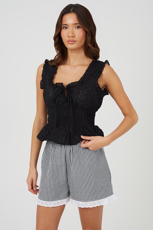 Ladies Sleeveless Broiderie Top - Black