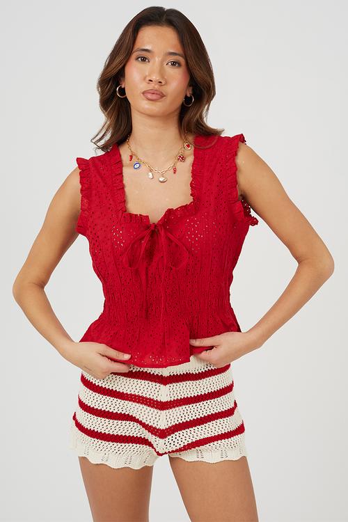 Ladies Sleeveless Broiderie Top - Red