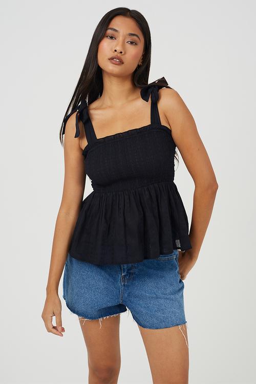 Ladies Ruched Bodice Peplum Vest With Shoulder Ties - Black
