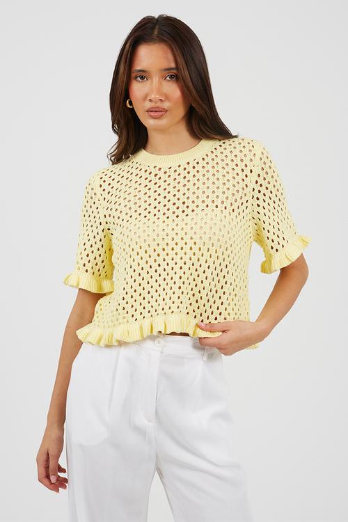 Crew Neck, Mesh T-Shirt Knit With Frill Detail To Cuff And Hem - Yellow