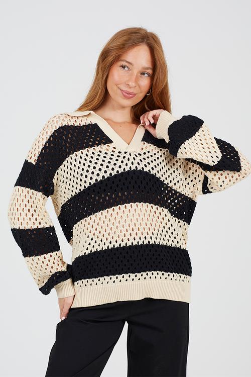 Ladies Collared Jumper In Open Knit Mesh Stitch With Wide Stripe - Stone/Black
