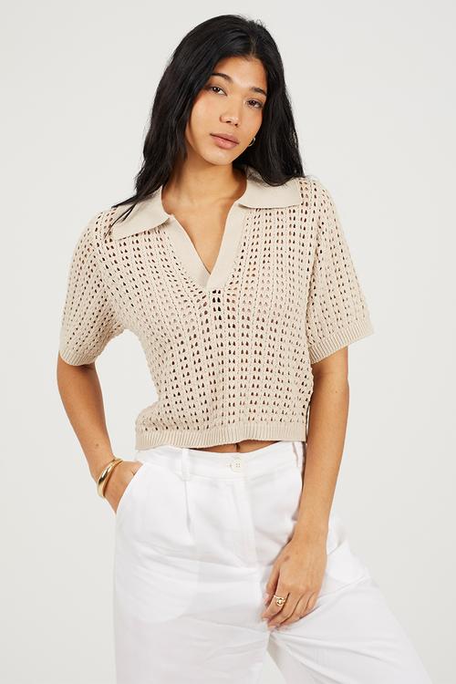 Ladies Collared T-Shirt In Open Pointelle Knit - Stone