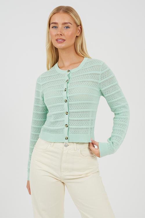 Ladies Crew Neck Button Through Cardigan With All Over Stitch Repeat - Mint