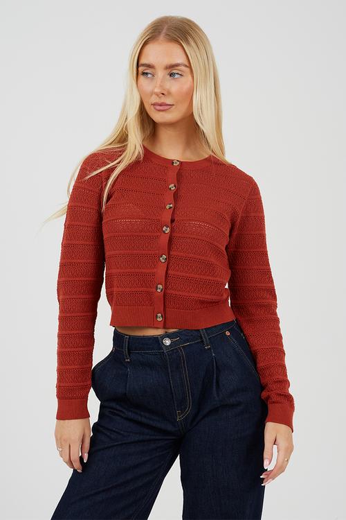 Ladies Crew Neck Button Through Cardigan With All Over Stitch Repeat - Rust