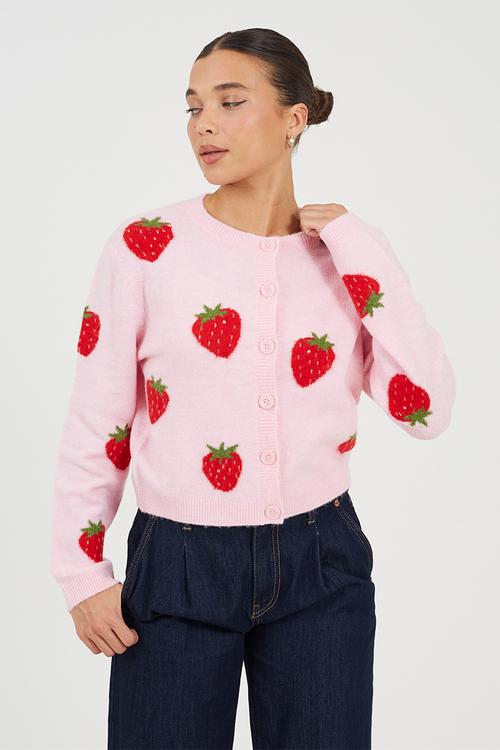 Ladies Crew Neck Cardigan In Soft Yarn With Strawberry Jacquard Pattern - Pink/Red/Green