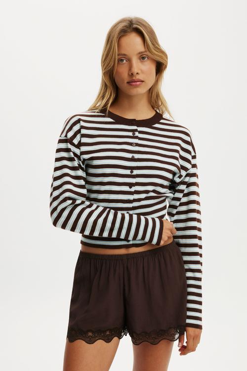 Sara Button Cardigan - Blue Dark Oak Stripe