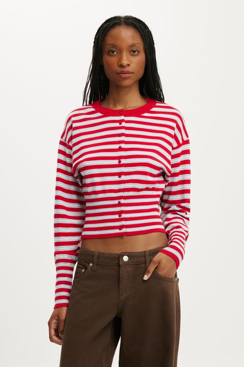 Sara Button Cardigan - Red Petal/Marine Stripe