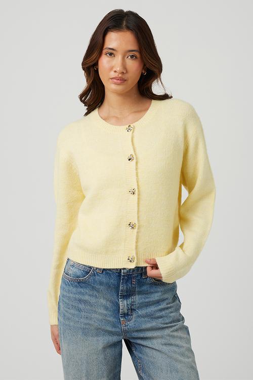 Ladies Raglan Jersey Knit Cardi With Buttons - Yellow