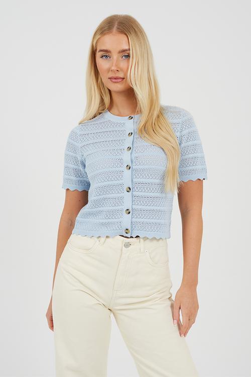 Ladies Button Through Cardigan With All Over Stitch Repeat - Blue