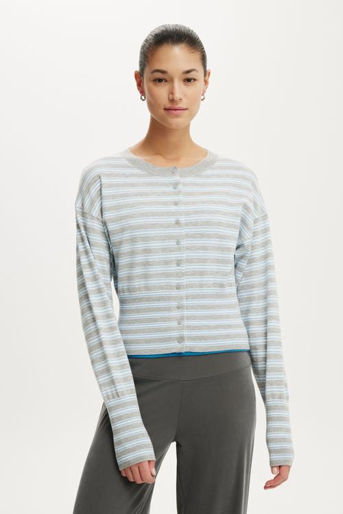 Sara Button Cardigan - Grey Marle/Seaside Blue/White Stripe