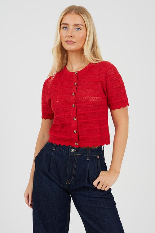 Ladies Button Through Cardigan With All Over Stitch Repeat - Red