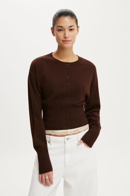 Sara Button Cardigan - Dark Oak