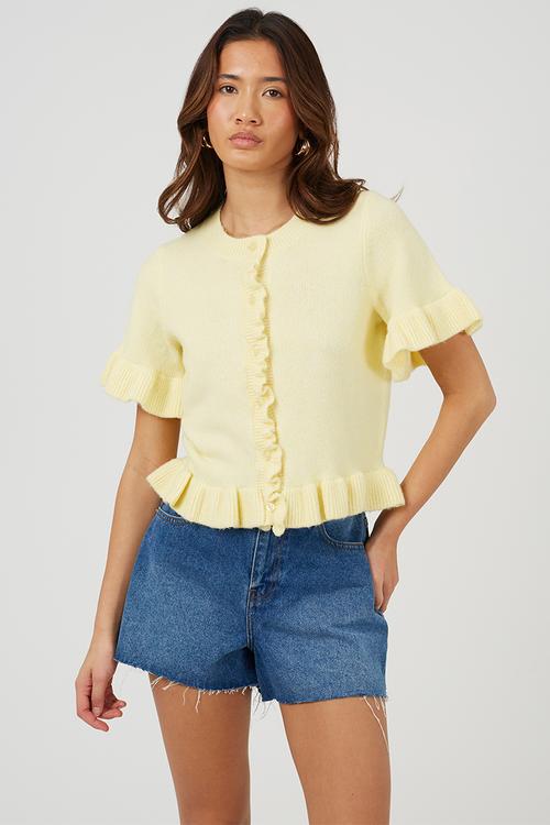 Ladies Crew Neck Short Sleeve Cardi With Frill Detail At Hem And Cuff - Yellow