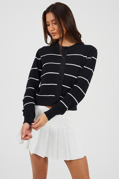 All Over Fisherman Knit Cardi With Black Stripe And Black Buttons - Black/White Stripe