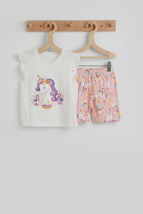 Frilled sleeve pj set - White & pink pony aop