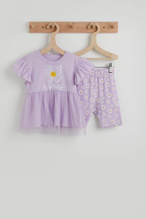 Daisy printed peplum tee and cycling shorts - light purple