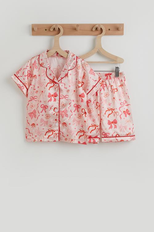 Corded bow multi aop pj set - pink