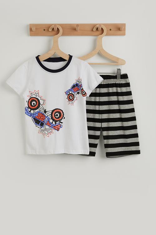 Monster truck graphic pj set - white & grey stripes
