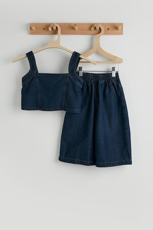 Denim square neck top with bermuda pants - dark blue