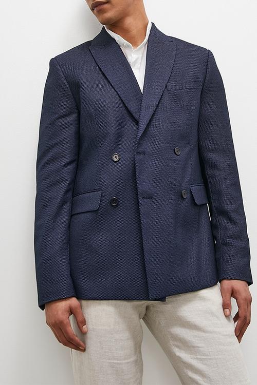 Double breasted slim fit textured blazer - navy 