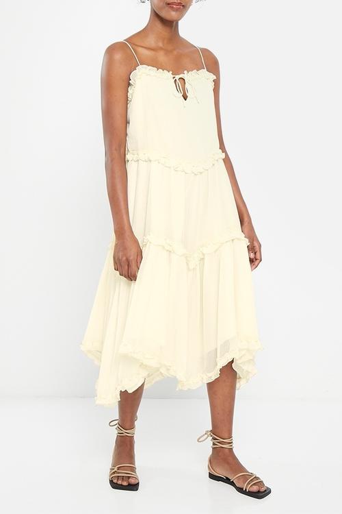 Straps detail frills midi dress - cream