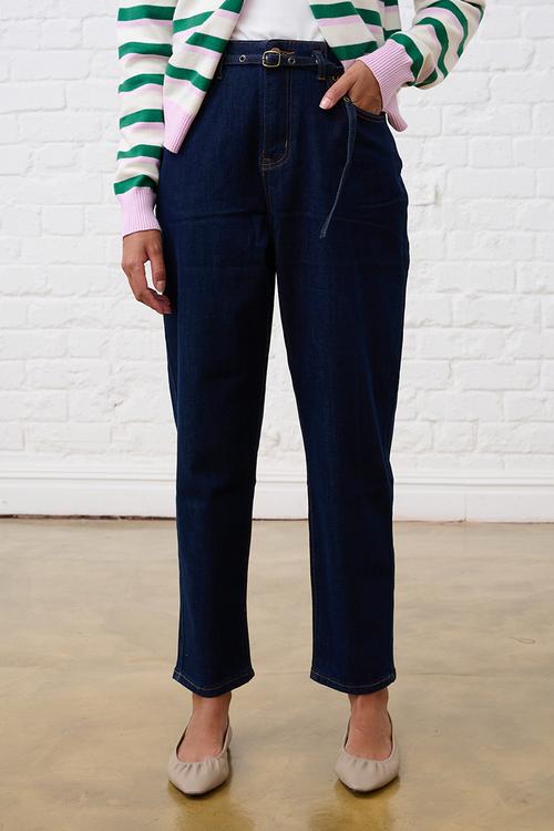 Belted Mom Jeans - Dark Wash