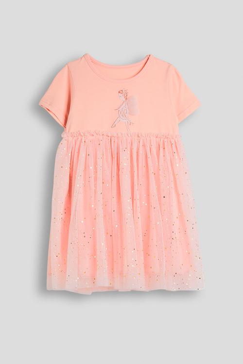Graphic t-shirt dress with gold speck mesh skirt - pink
