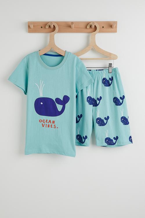Whale graphic tee with aop shorts - blue