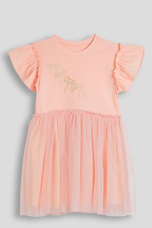 Ruffle sleeve t-shirt dress with tulle skirt - peach pink