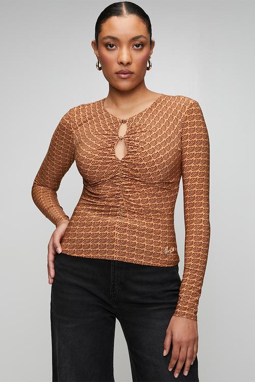 Ladies pamela top with gathers & gold trim - brown