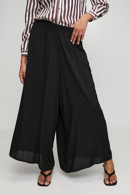 Elastic Waist Wide Leg Pants - Black