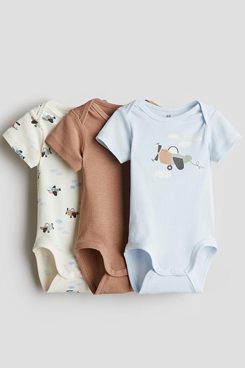 3-Pack cotton envelope-neck bodysuits - light blue/airplanes