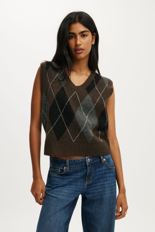 V-Neck Slouch Vest - Choc Argyle