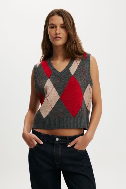 V-Neck Slouch Vest - Charcoal Red Petal Argyle