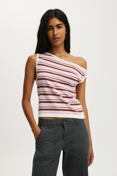 Sleeveless Off Shoulder Knit - Pink Stripe