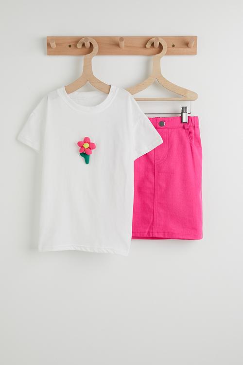 Padded flower applique tee with denim skirt - white/hot pink