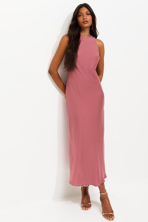 Satin High Neck Maxi Dress - Rose