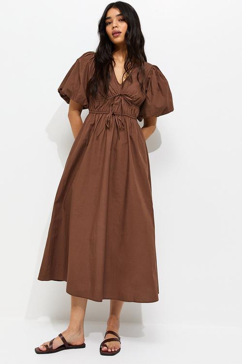 Cotton Puff Sleeve Midi Dress - Brown
