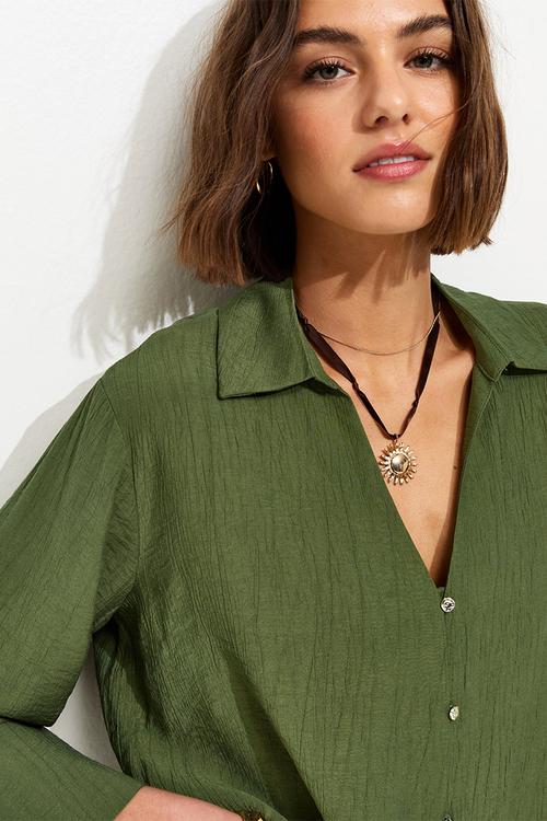 Crinkled Cropped Sleeve Shirt - Dark Khaki