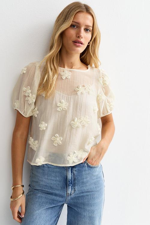 Sheer Floral Appliqué Short Sleeve Blouse - Cream