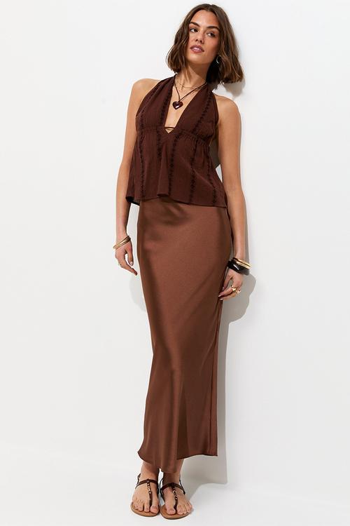Satin Bias Cut Midi Skirt - Dark Brown