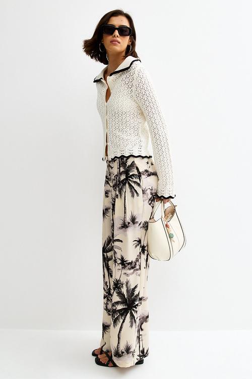 Wide Leg Printed Pleat Trousers - White