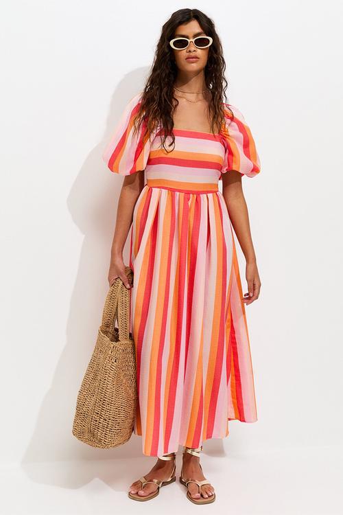 Stripe Milkmaid Midi Dress - Pink