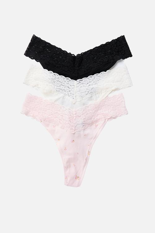 3-Pack cotton and lace thong briefs - light pink/floral