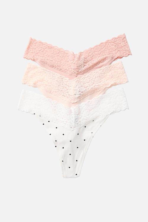 3-Pack cotton and lace thong briefs - light pink/hearts