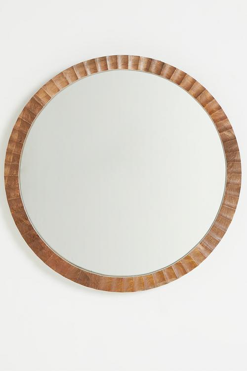 Round Ribbed Wooden Mirror - Natural
