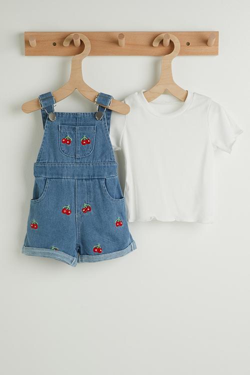 Tee with cherry embroidered dungarees - white/blue