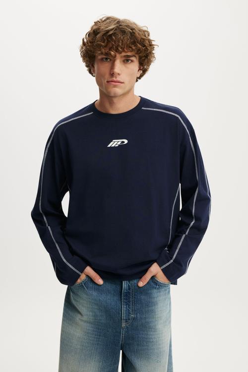 Cropped Fit Graphic Long Sleeve T-shirt  - Auto Navy/On Time