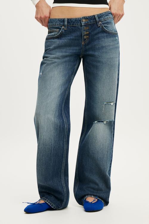 Low Rise Straight Jean - Grazed Blue Ripped