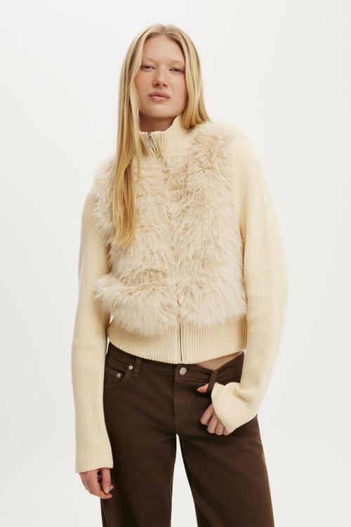 Faux fur knit jacket - cream
